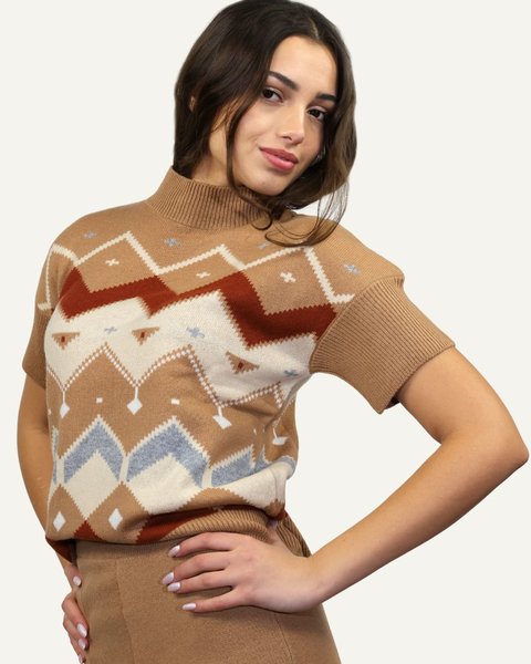 Maglia maniche corte jacquard donna in pura lana merino ultrafine