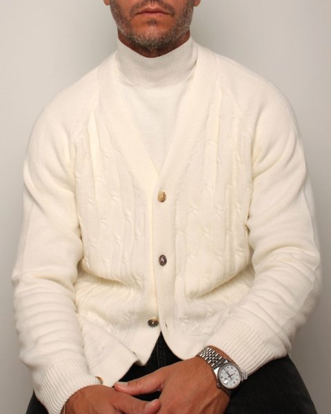 Cardigan uomo trecce in pura lana merino ultrafine