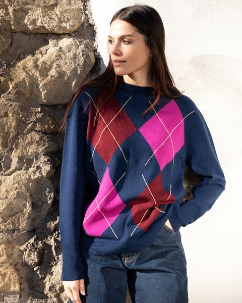 Maglia girocollo argyle donna in pura lana merinos ultrafine