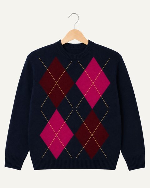 Maglia girocollo argyle donna in pura lana merinos ultrafine